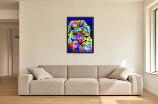Pôster Leão colorido em pop art emoldurado na parede: sala de estar ampla