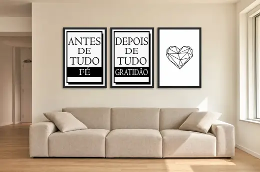 Pôster Trio bold de fé, gratidão e coração vazado emoldurado na parede: sala de estar ampla