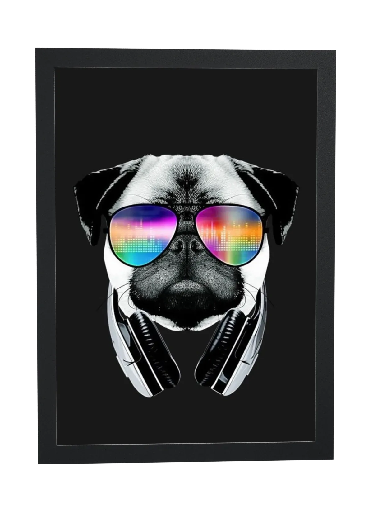 Pôster Pug DJ de óculos coloridos emoldurado