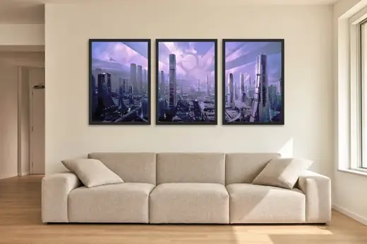Pôster Trio futurista de cidade sci-fi em roxo emoldurado na parede: sala de estar ampla