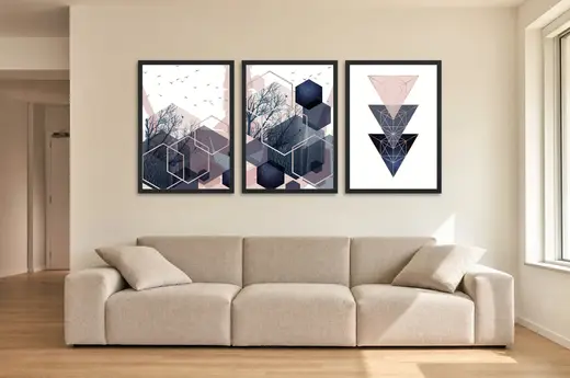 Pôster Trio geométrico de hexágonos com floresta emoldurado na parede: sala de estar ampla