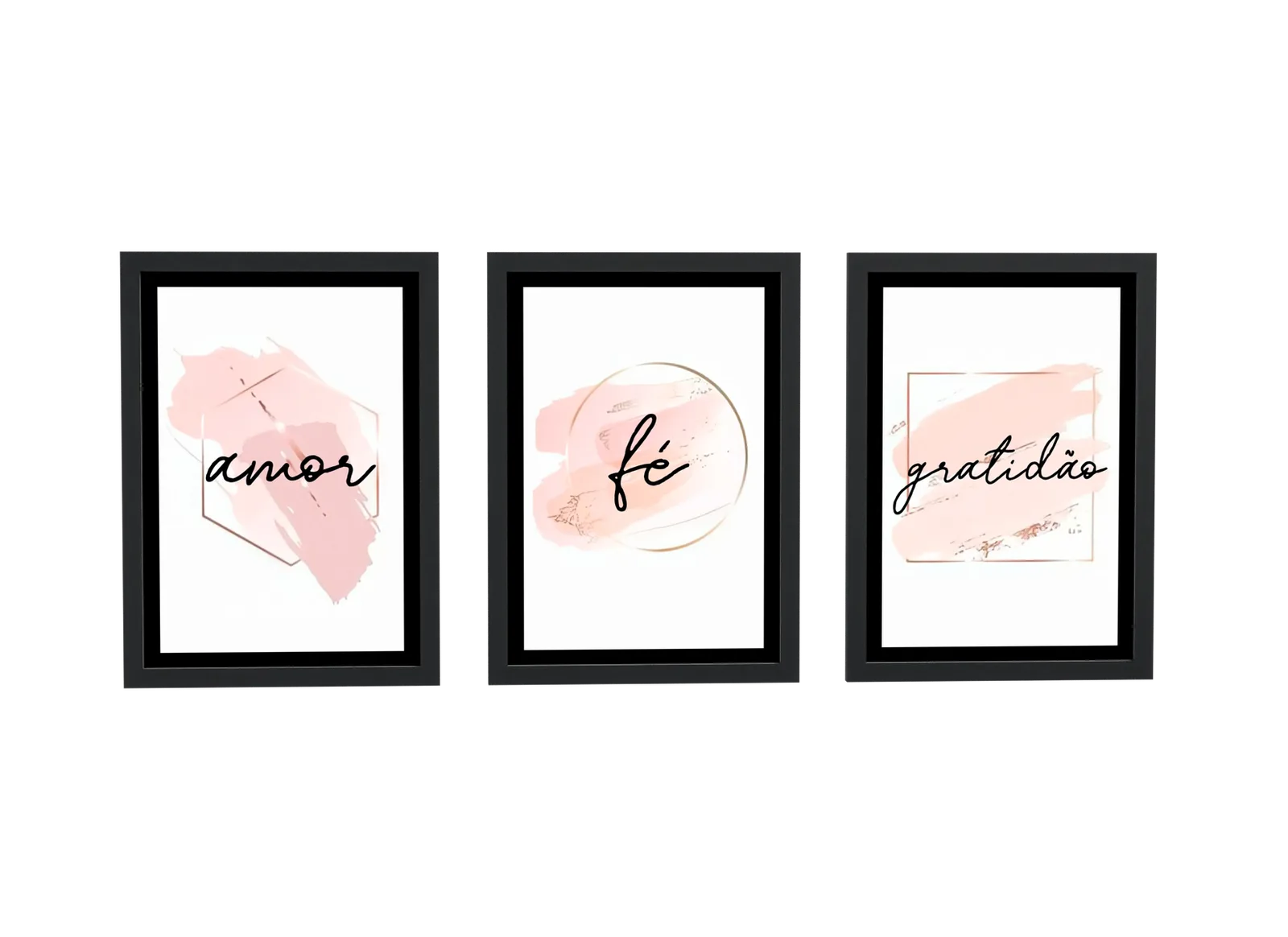 Pôster Trio preto de amor, fé e gratidão rosa emoldurado