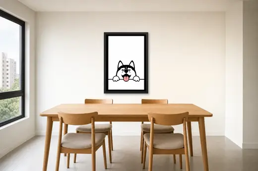 Pôster Husky espiando por cima do muro emoldurado na parede: sala de jantar