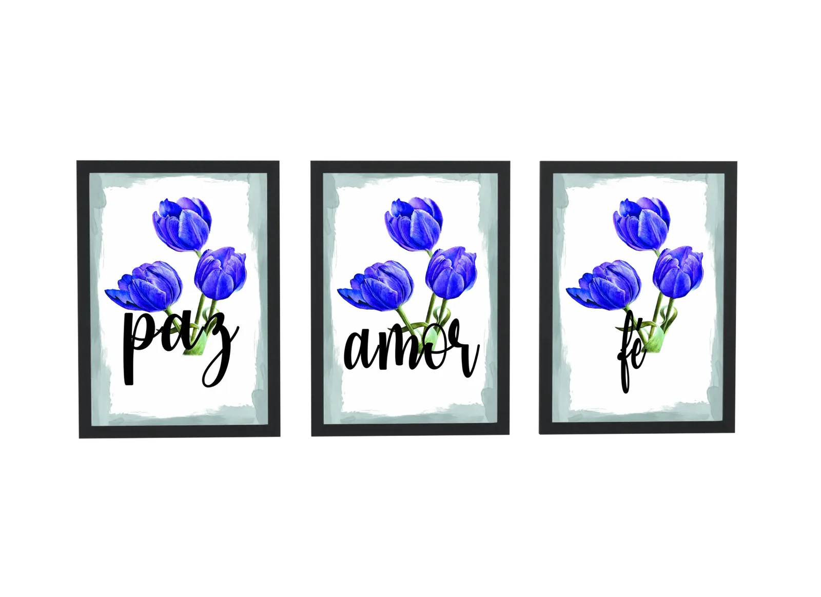Pôster Trio paz, amor e fé com tulipas azuis emoldurado