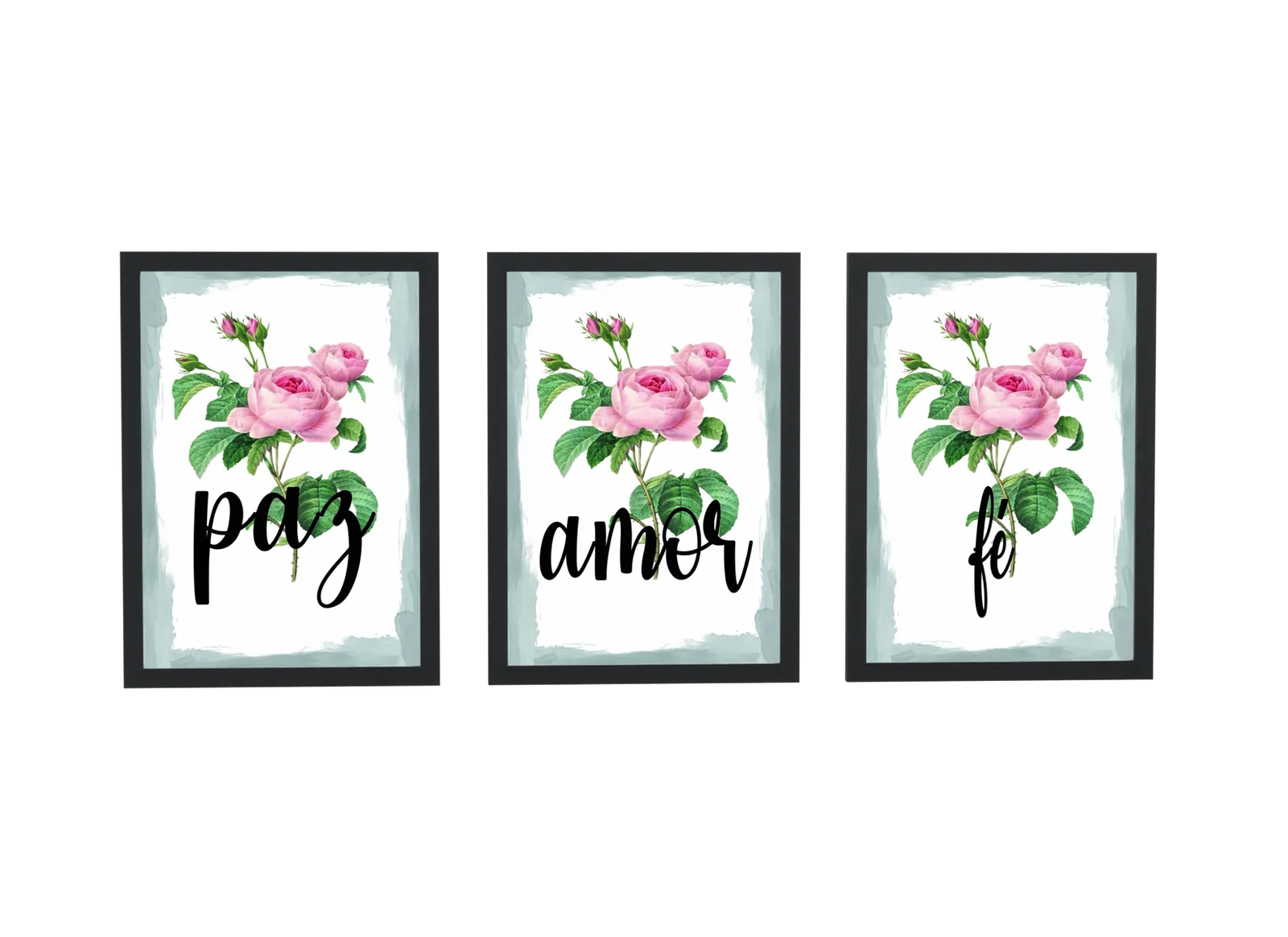 Pôster Trio paz, amor e fé com rosas de jardim emoldurado