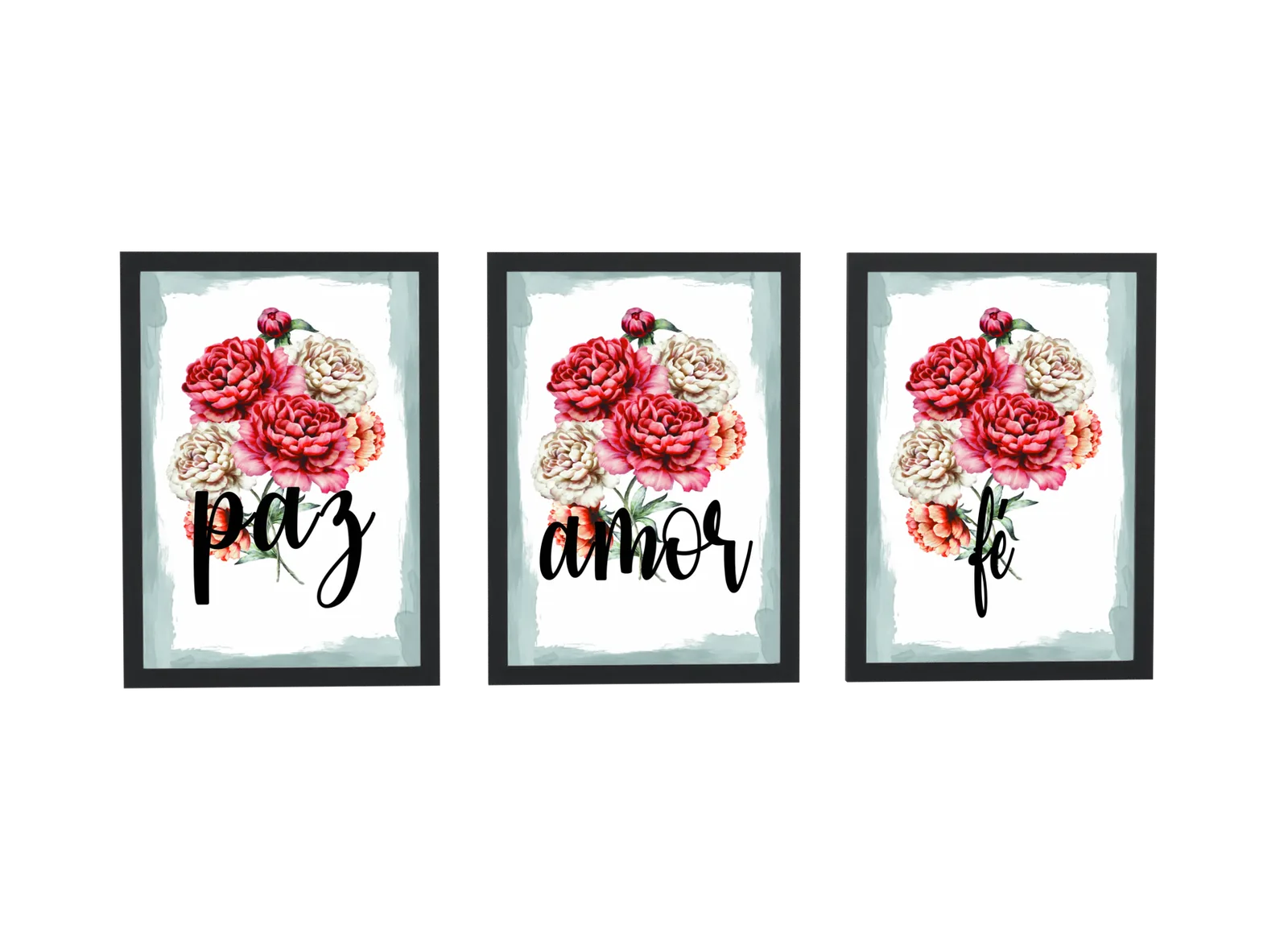 Pôster Trio paz, amor e fé com rosas vermelhas emoldurado