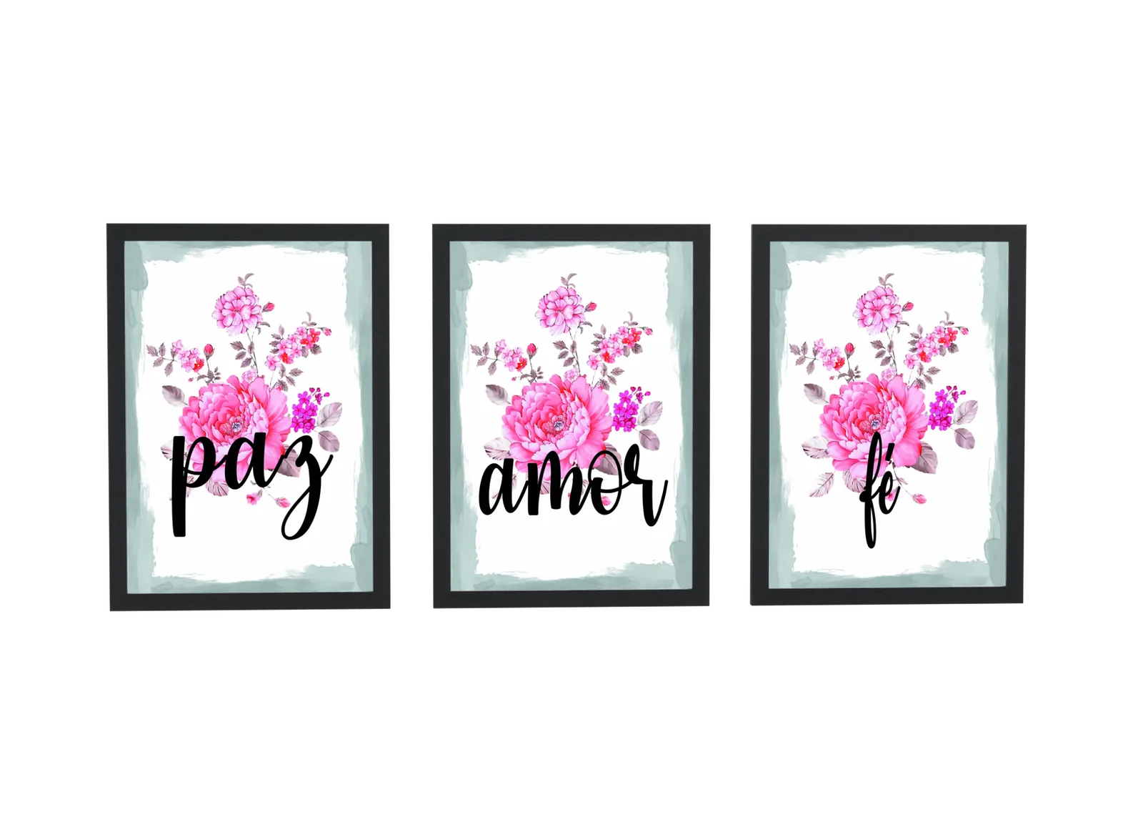 Pôster Trio paz, amor e fé com peônias rosa emoldurado
