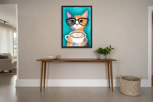 Pôster Gato de óculos com café emoldurado na parede: hall de entrada