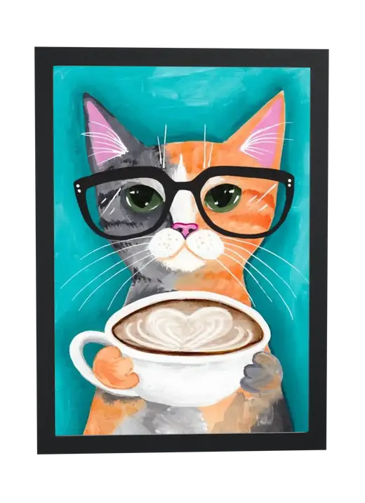 Pôster Gato de óculos com café emoldurado