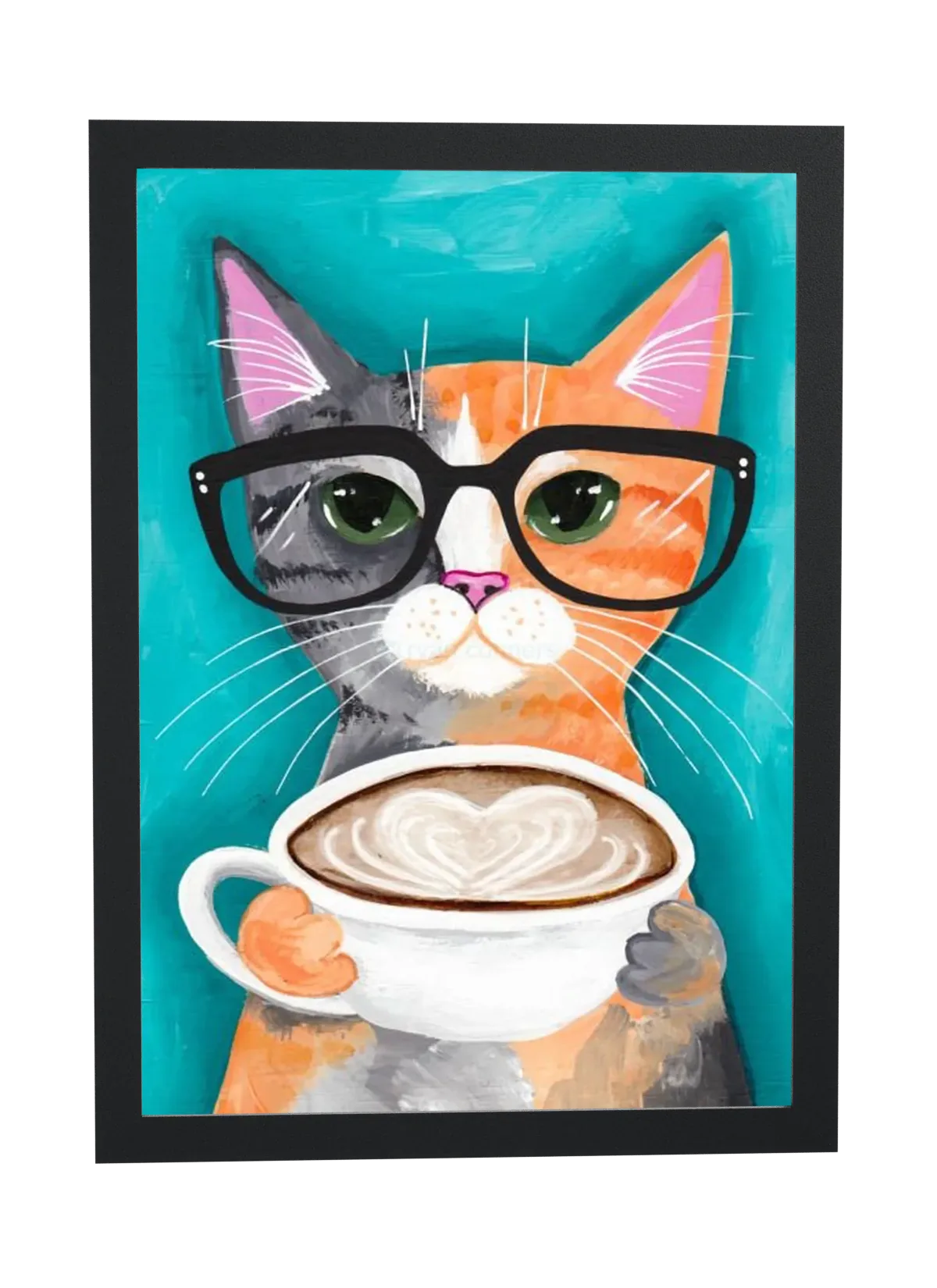 Pôster Gato de óculos com café emoldurado