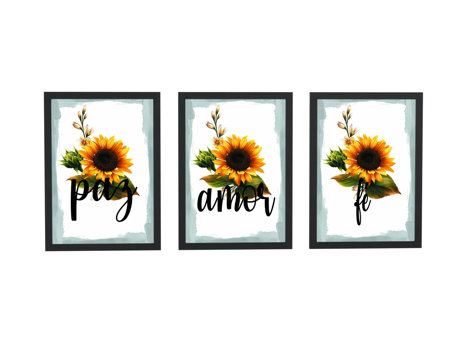 Pôster Trio paz, amor e fé com girassóis emoldurado