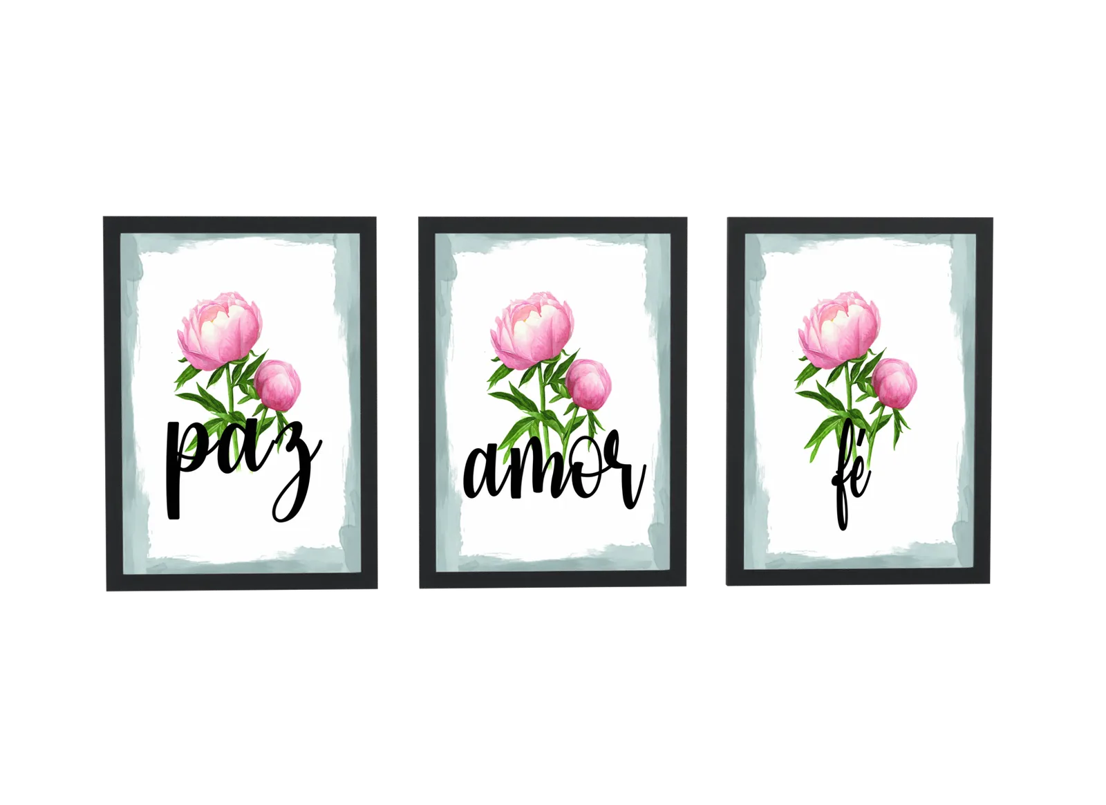 Pôster Trio paz, amor e fé com peônia clara emoldurado