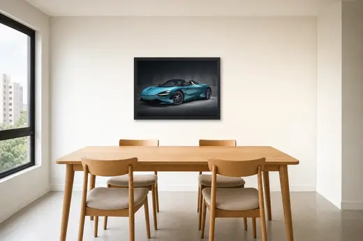 Pôster McLaren azul-turquesa em estúdio emoldurado na parede: sala de jantar