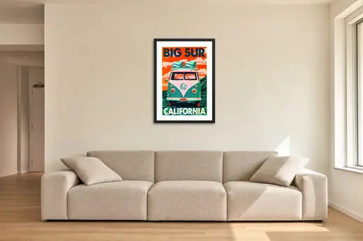 Pôster Van retrô de Big Sur emoldurado na parede: sala de estar ampla