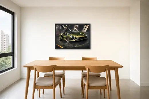 Pôster Lamborghini verde-oliva em ângulo baixo emoldurado na parede: sala de jantar
