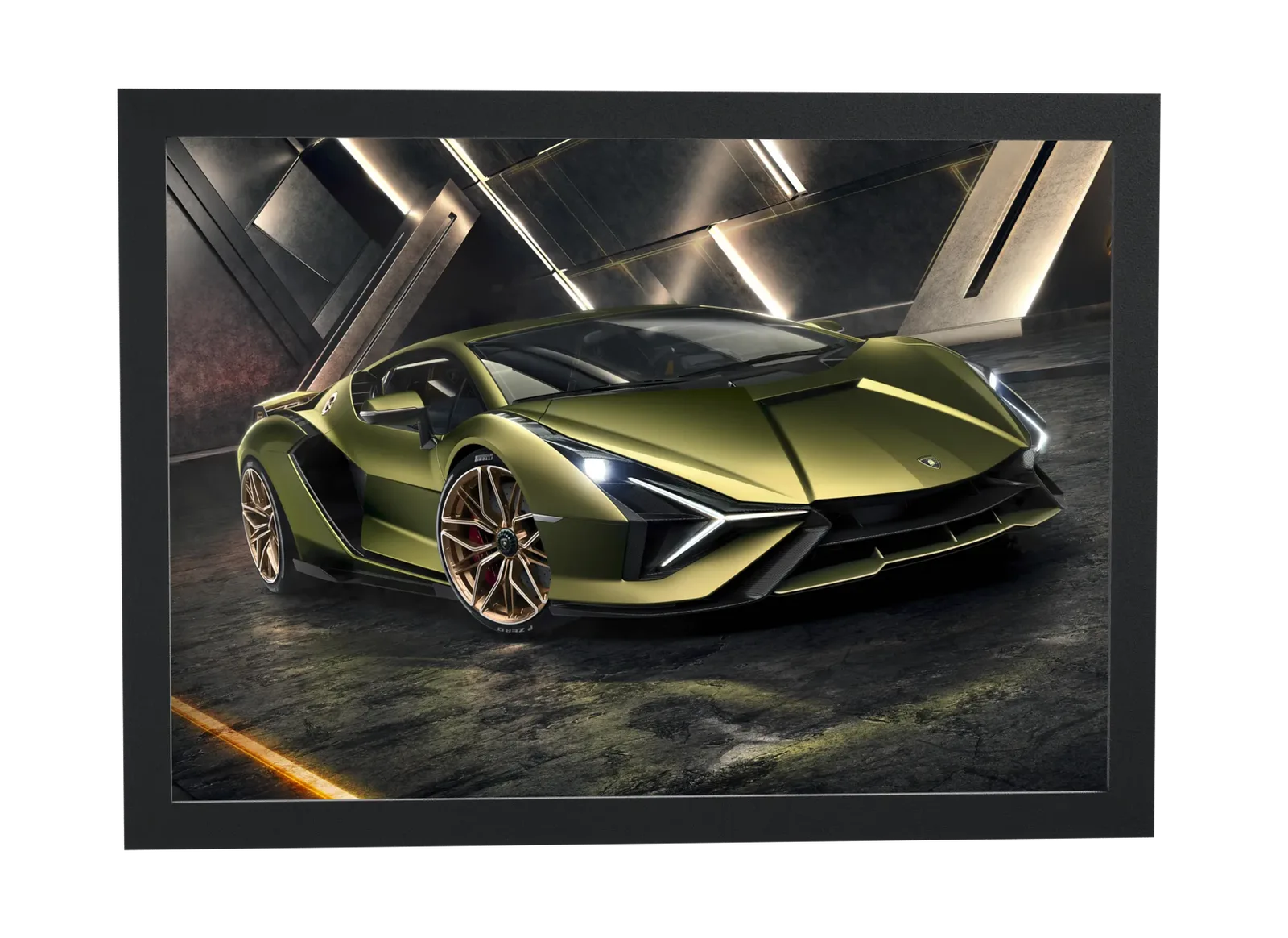 Pôster Lamborghini verde-oliva em ângulo baixo emoldurado