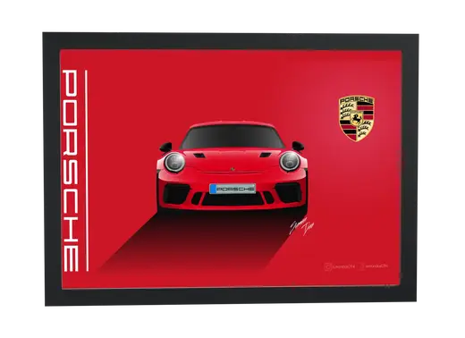 Pôster Porsche vermelho em fundo vermelho emoldurado