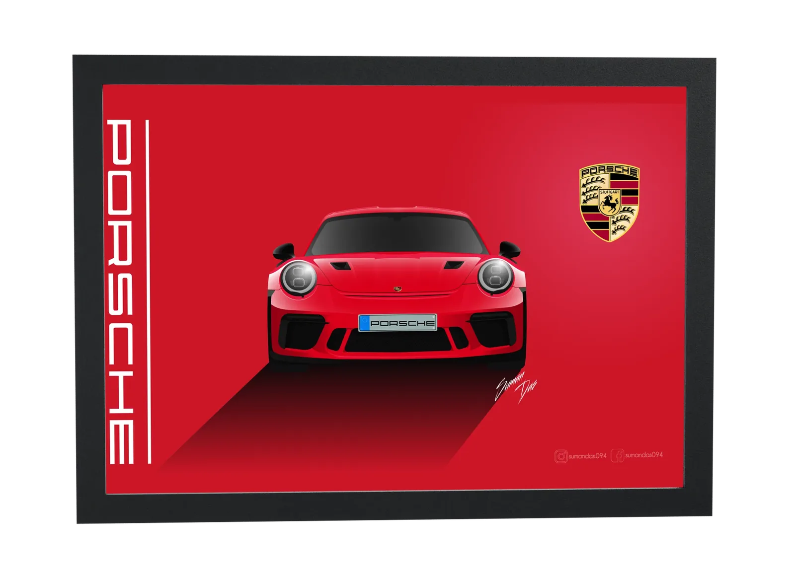 Pôster Porsche vermelho em fundo vermelho emoldurado