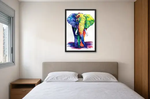 Pôster Elefante colorido em aquarela emoldurado na parede: quarto de casal