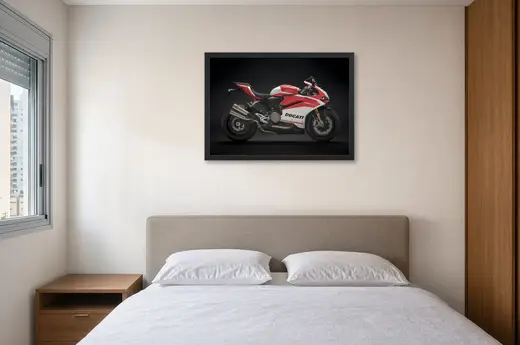 Pôster Motocicleta esportiva vermelha e branca emoldurado na parede: quarto de casal