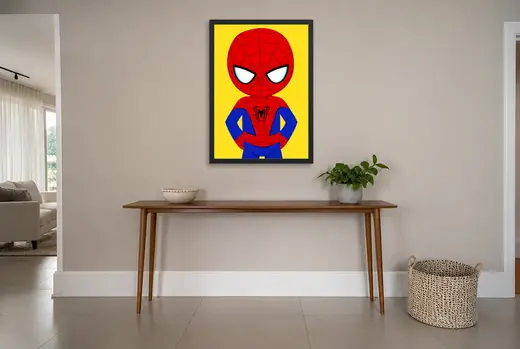 Pôster Herói aranha estilo desenho infantil emoldurado na parede: hall de entrada