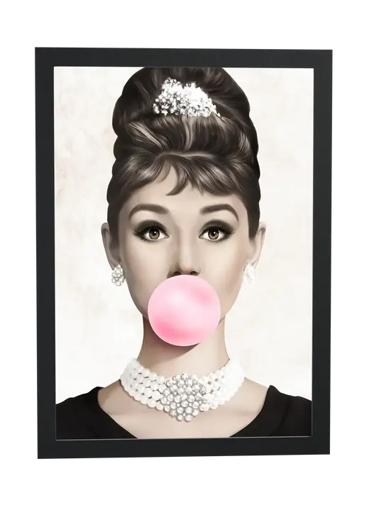 Pôster Retrato pop art com chiclete rosa emoldurado