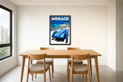 Pôster Carro azul retrô em Mônaco emoldurado na parede: sala de jantar