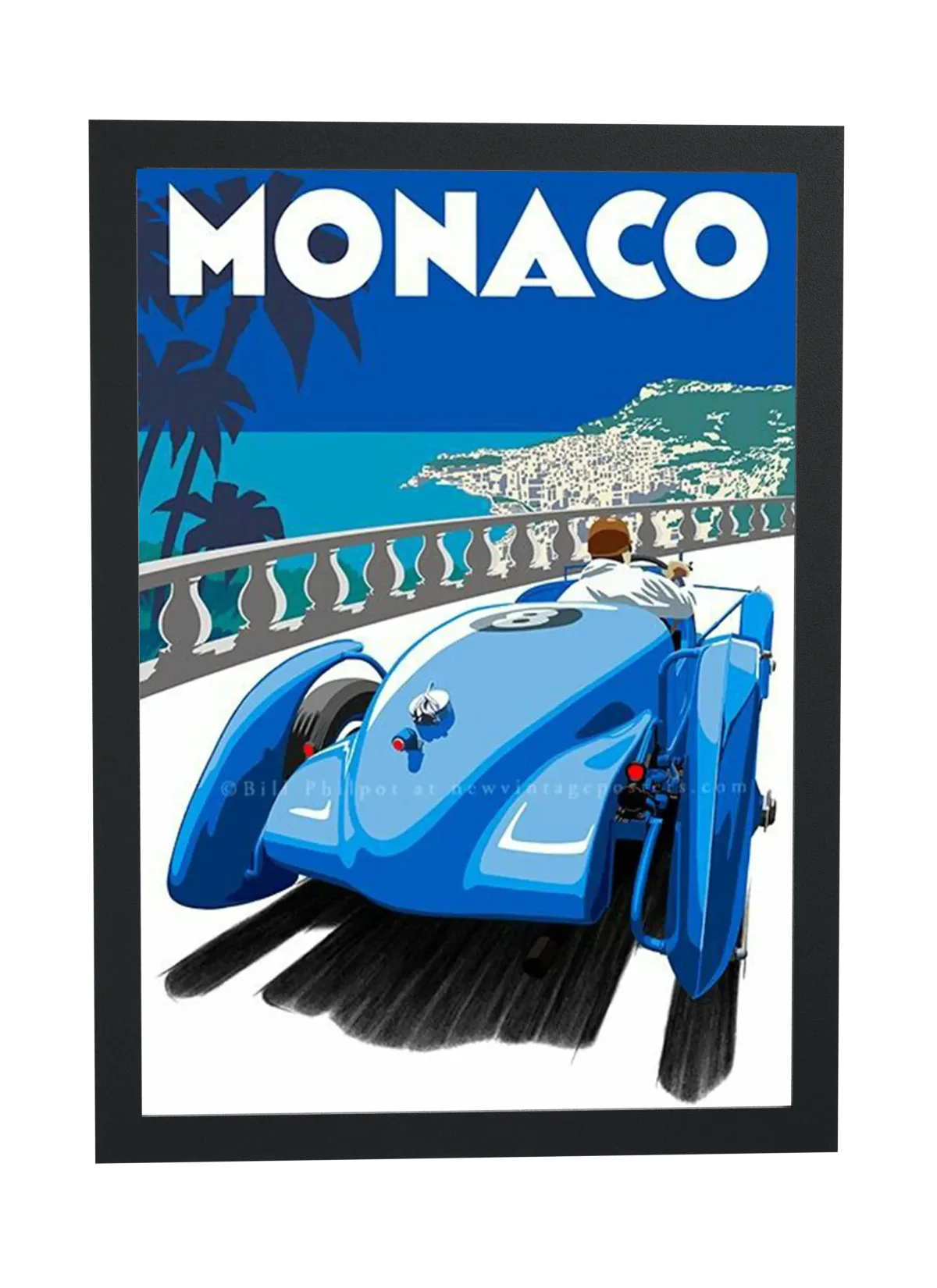 Pôster Carro azul retrô em Mônaco emoldurado