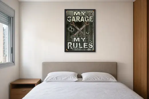 Pôster Chaves cruzadas estilo garagem emoldurado na parede: quarto de casal