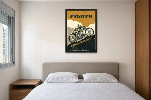Pôster Piloto de moto estilo vintage emoldurado na parede: quarto de casal