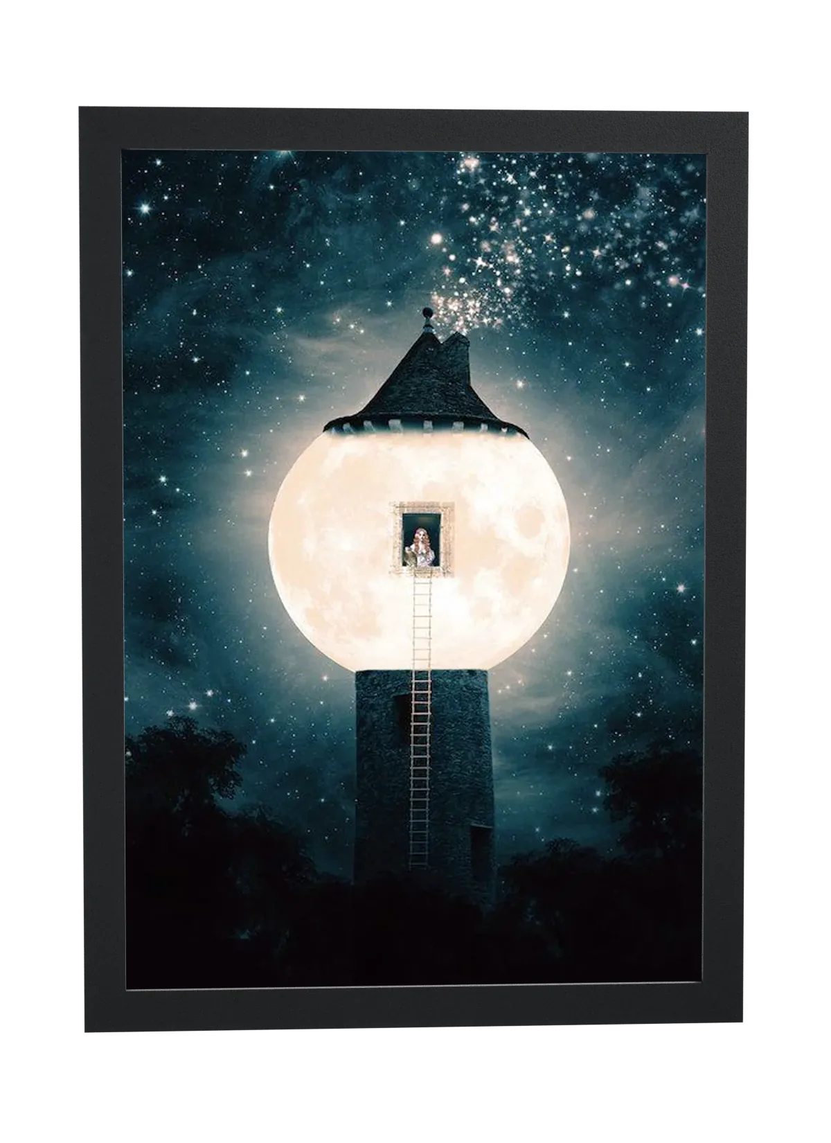 Pôster Torre da lua sob estrelas emoldurado