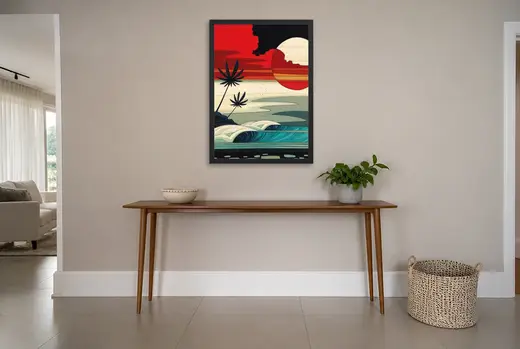 Pôster Praia retrô com sol vermelho emoldurado na parede: hall de entrada