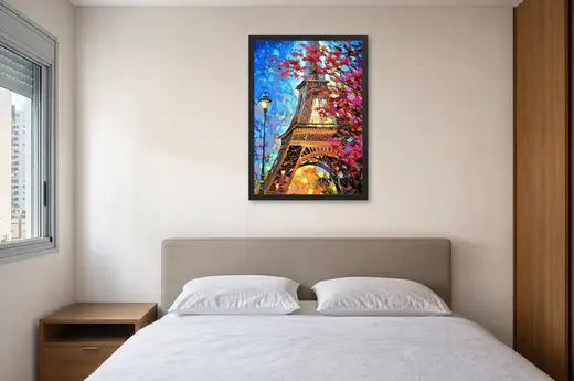Pôster Torre Eiffel em flores cor-de-rosa emoldurado na parede: quarto de casal