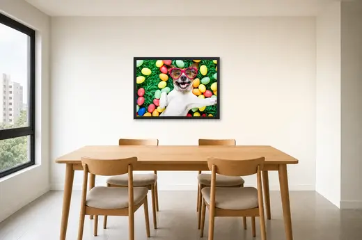 Pôster Cachorro feliz entre ovos coloridos emoldurado na parede: sala de jantar