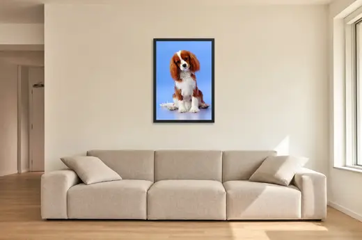Pôster Cavalier sentado em fundo azul emoldurado na parede: sala de estar ampla