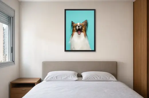 Pôster Papillon de boca aberta em turquesa emoldurado na parede: quarto de casal