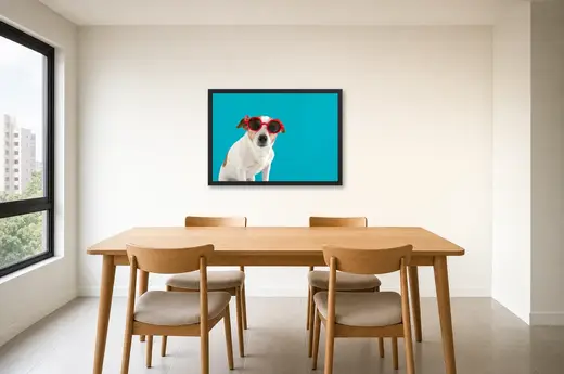 Pôster Cachorro branco de óculos vermelhos emoldurado na parede: sala de jantar