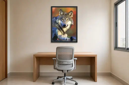 Pôster Lobo de olhos amarelos em pintura emoldurado na parede: home office