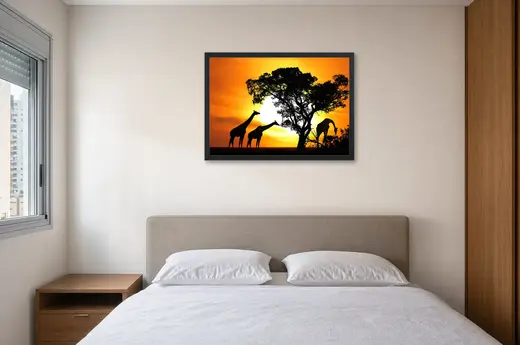 Pôster Girafas ao pôr do sol emoldurado na parede: quarto de casal