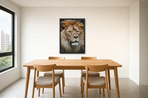 Pôster Leão de juba volumosa emoldurado na parede: sala de jantar