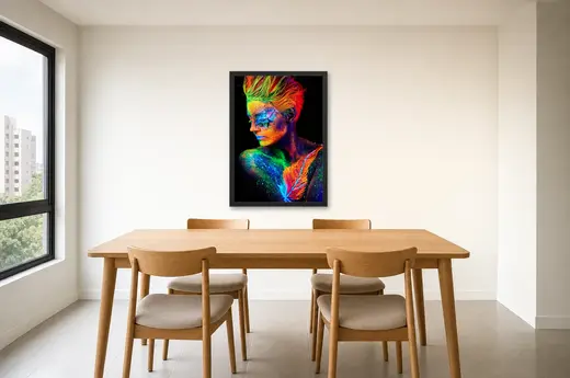 Pôster Mulher com pintura neon fluorescente emoldurado na parede: sala de jantar