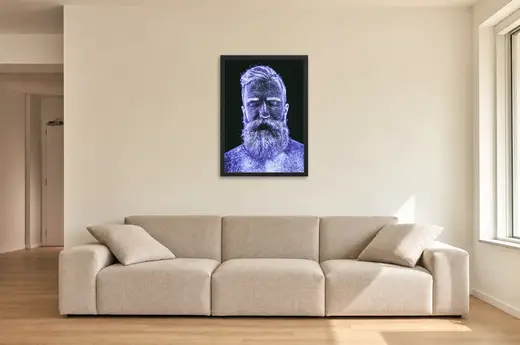 Pôster Homem barbudo com glitter azul emoldurado na parede: sala de estar ampla