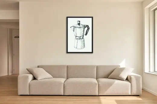 Pôster Cafeteira italiana em desenho emoldurado na parede: sala de estar ampla