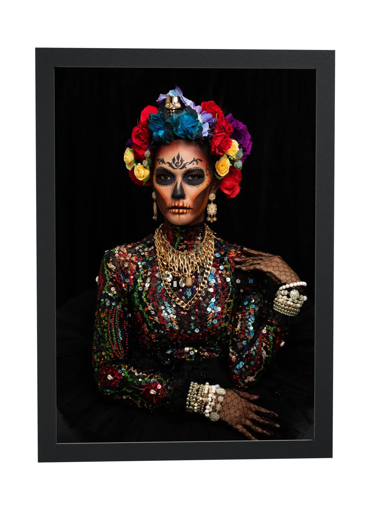 Pôster Caveira mexicana com coroa de flores emoldurado