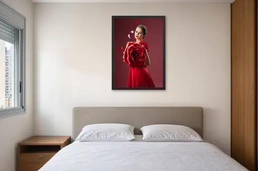Pôster Vestido vermelho com rosa gigante emoldurado na parede: quarto de casal