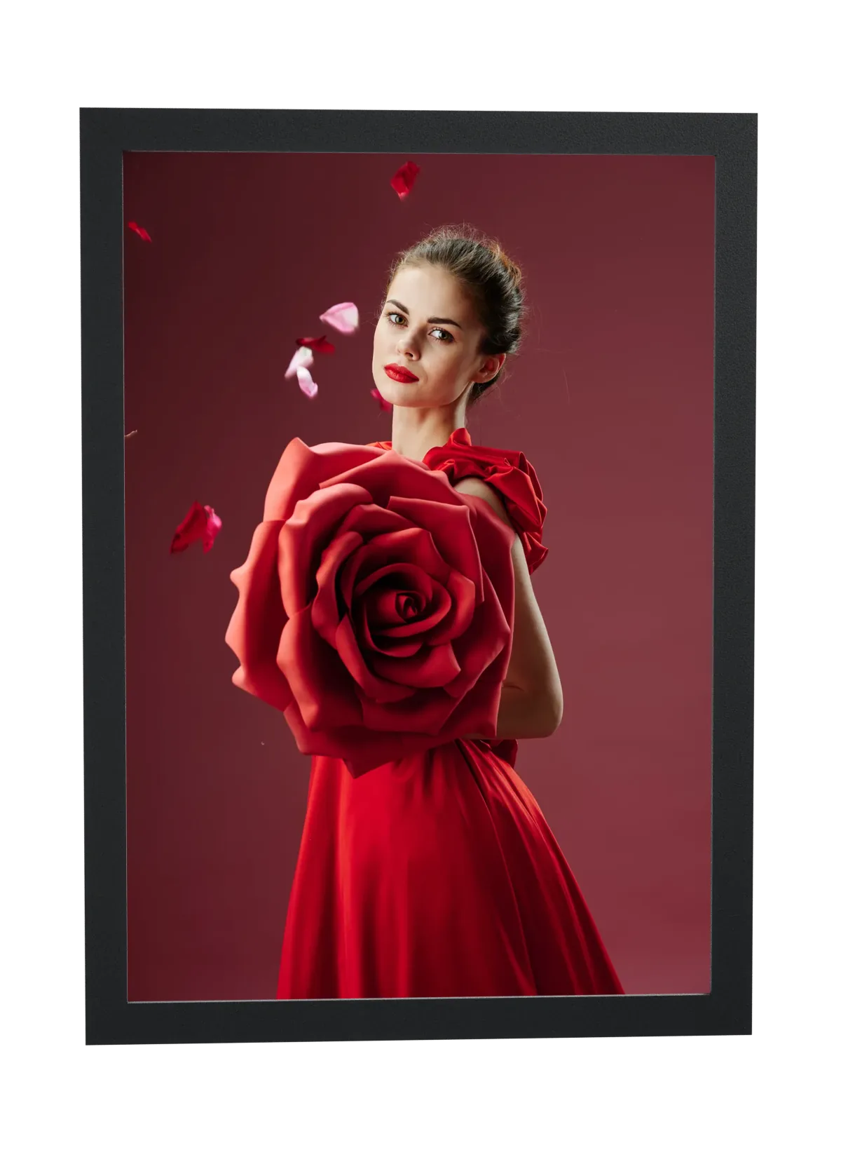 Pôster Vestido vermelho com rosa gigante emoldurado