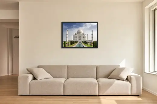 Pôster Taj Mahal e os ciprestes emoldurado na parede: sala de estar ampla
