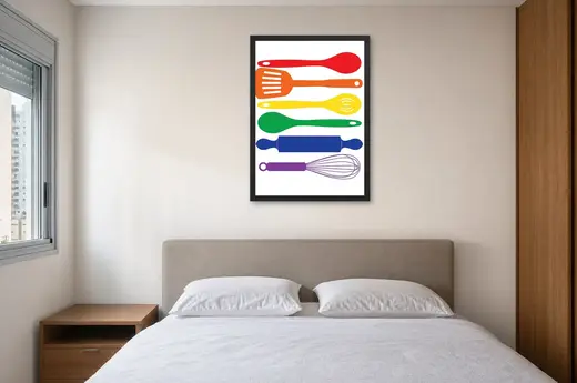 Pôster Utensílios de cozinha coloridos emoldurado na parede: quarto de casal
