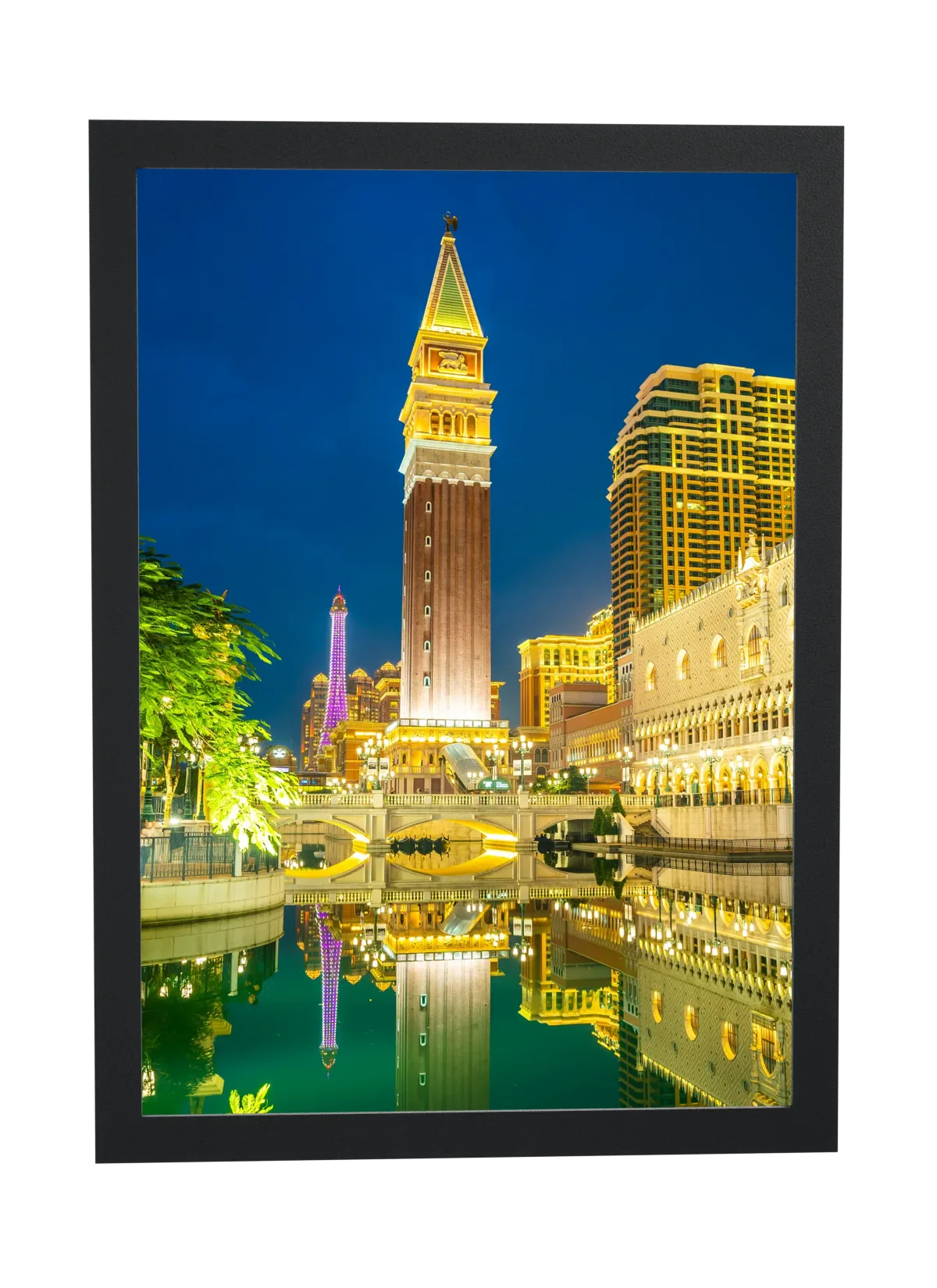 Pôster Torre veneziana dourada à noite emoldurado