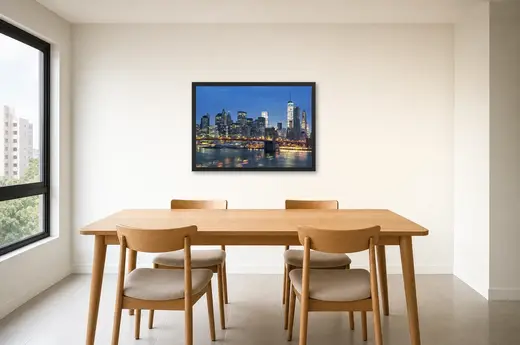 Pôster Ponte do Brooklyn ao anoitecer emoldurado na parede: sala de jantar
